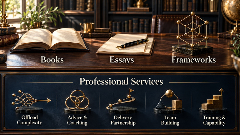 Books, Essays and Frameworks, alongside five Professional Services: Offload Complexity, Advice and Coaching, Delivery Partnership, Team Building, and Training and Capability.