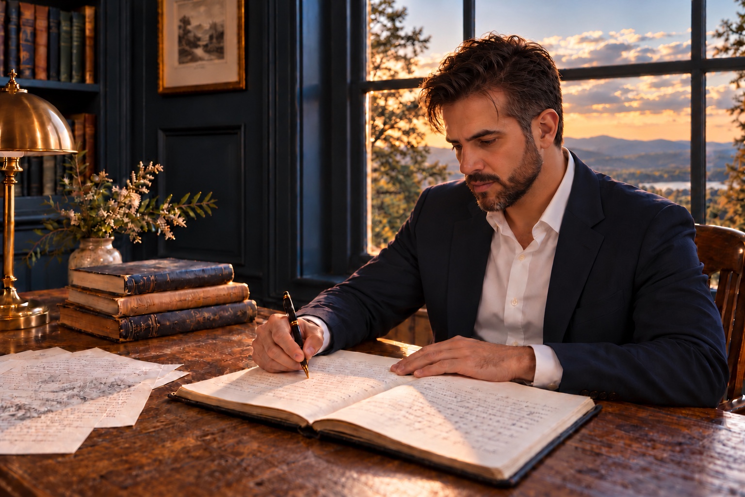 Junaid Cheema writing at a desk beside books and an open notebook.