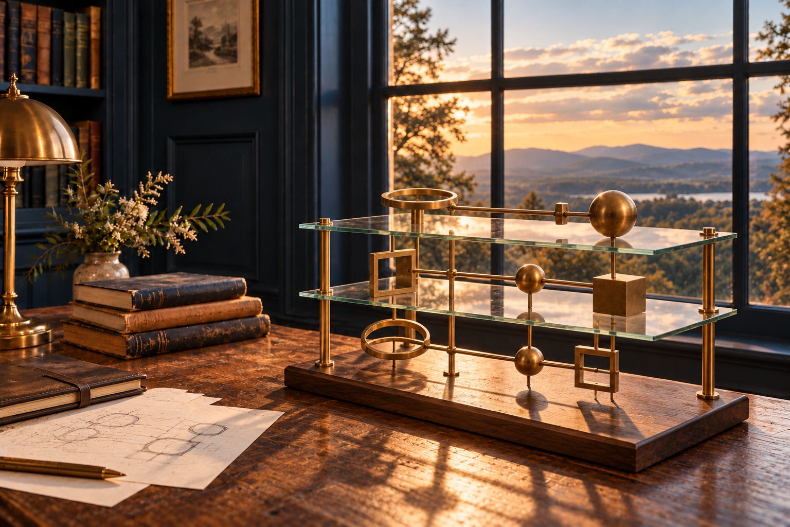 A brass and glass model of connected structures on a desk beside books and diagrams.