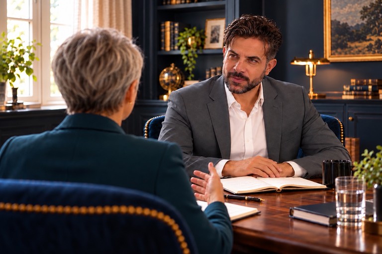 A one-to-one coaching conversation at a table with notes and an open notebook.