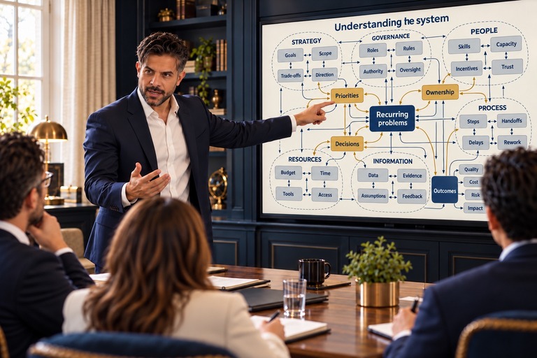 A discussion of connected processes and recurring problems using a systems diagram.