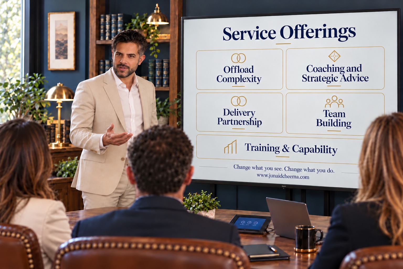 Junaid Cheema presenting five professional services to a seated group beside a display reading "Service Offerings".