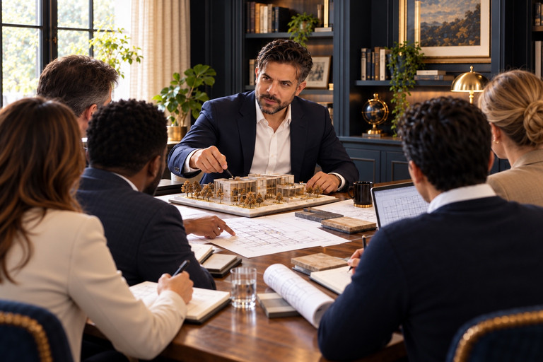 A team working together around a table, bringing plans and expertise into a shared discussion.