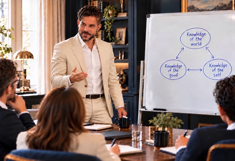 A training discussion linking knowledge of the world, knowledge of the good and knowledge of the self.
